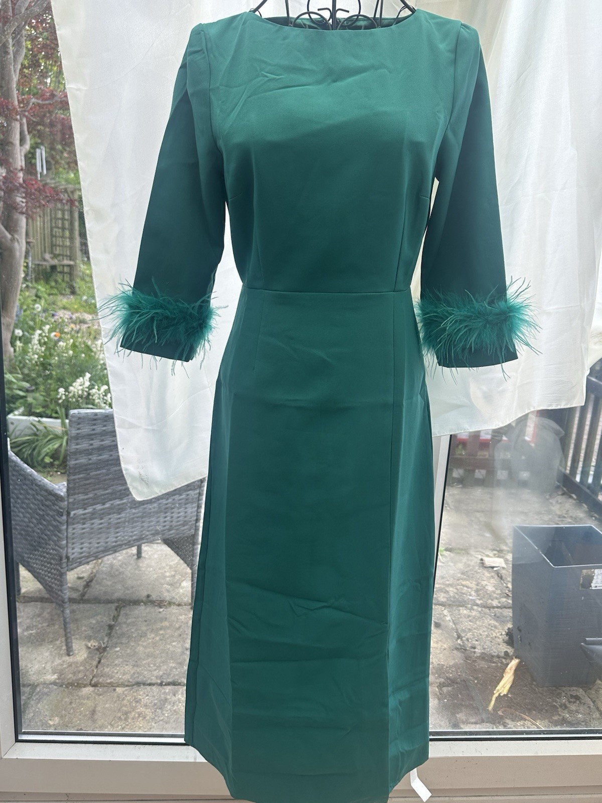 Monsoon Dress,size 8,feather Detail On 3/4 Sleeves,long With A Split To One Side