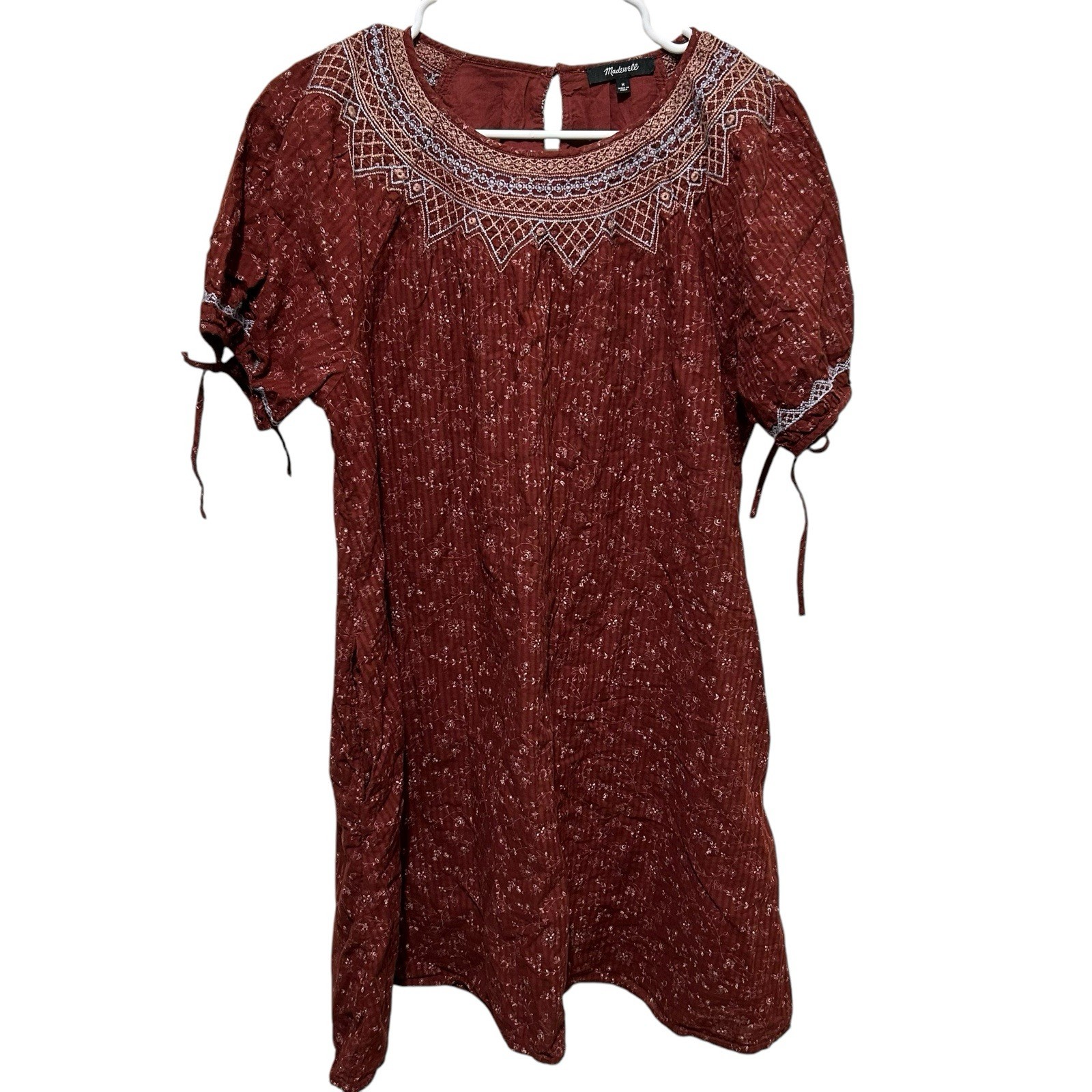 Madewell Embroidered Babydoll Dress Sz M Puff Sleeve Dotted Vines Rusty Burgundy
