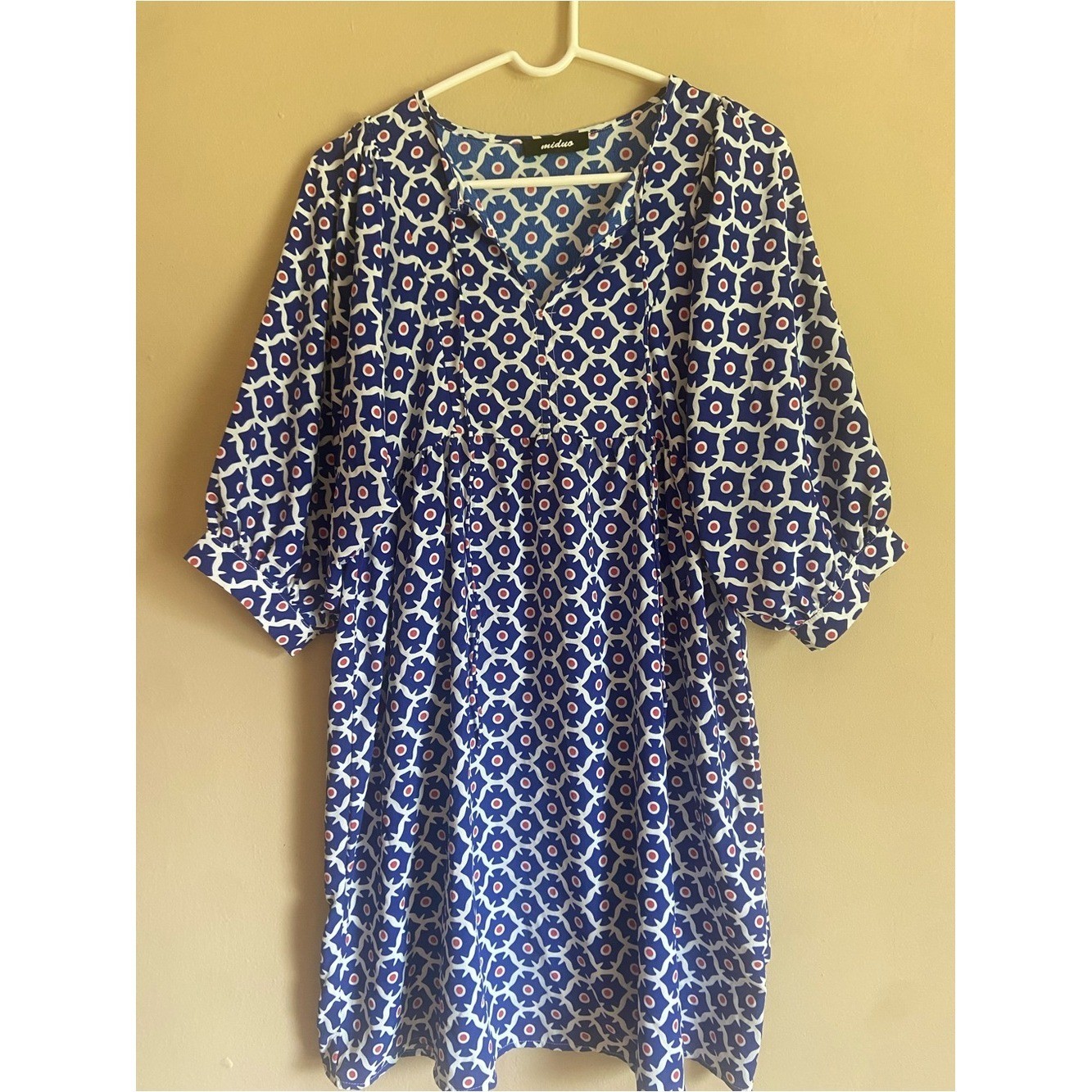 Bohemian Festival 70s Maximalist Eclectic Blue White & Red Geometric Tunic Dress