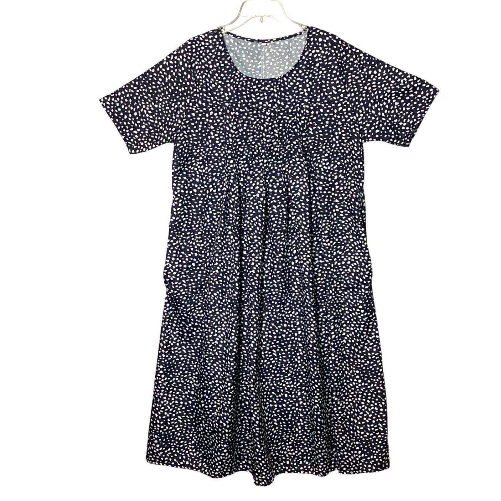 Abstract Dot Print Midi Dress Womens 2XL Navy Blue Short Sleeve Pocket