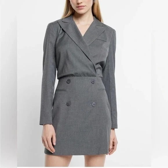 EXPRESS WOMEN’S DOUBLE BREASTED MINI GRAY LONG SLEEVE BLAZER DRESS 0 NWT 🌸