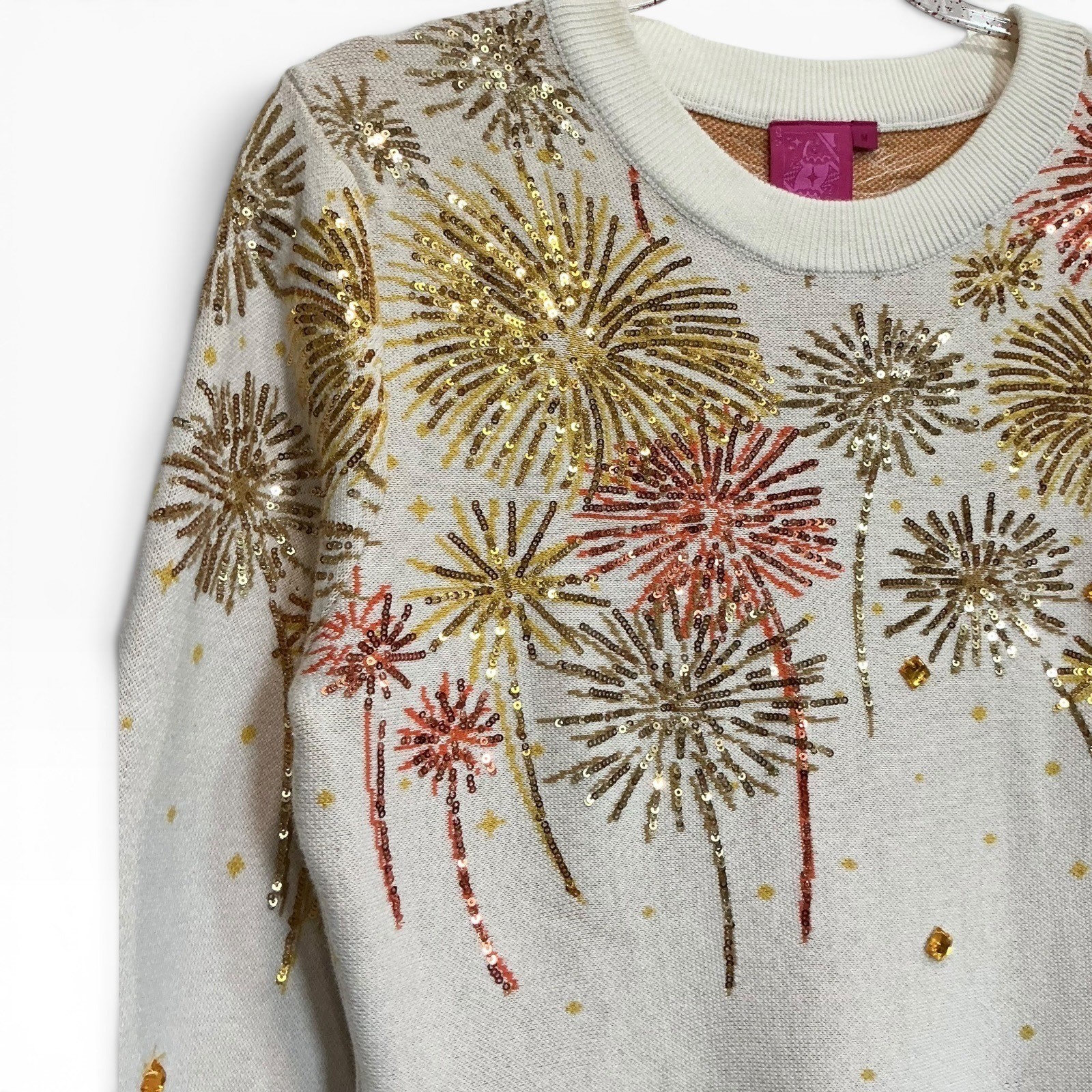 QUEEN OF SPARKLES Cream Sequin Firework Jeweled Sweater Mini Dress New M Rare