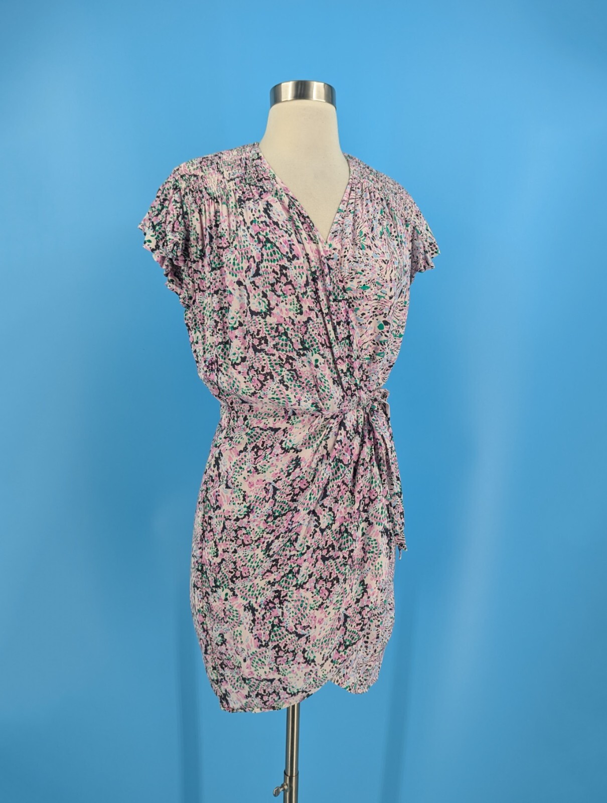 IRO Manza Size 38 Mini Short Sleeve Rayon Print Wrap Dress US size 6