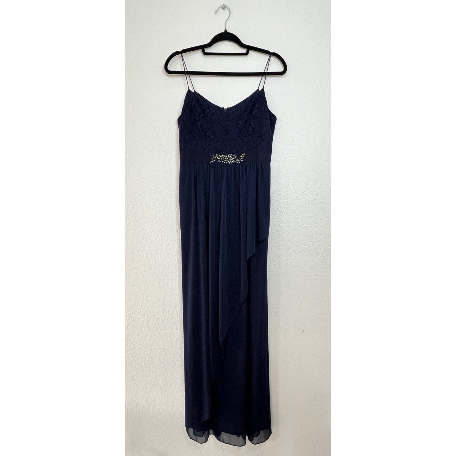 Adrianna Papell Navy Blue Long Formal Rhinestone Lace Gown Dress Women’s Size 8