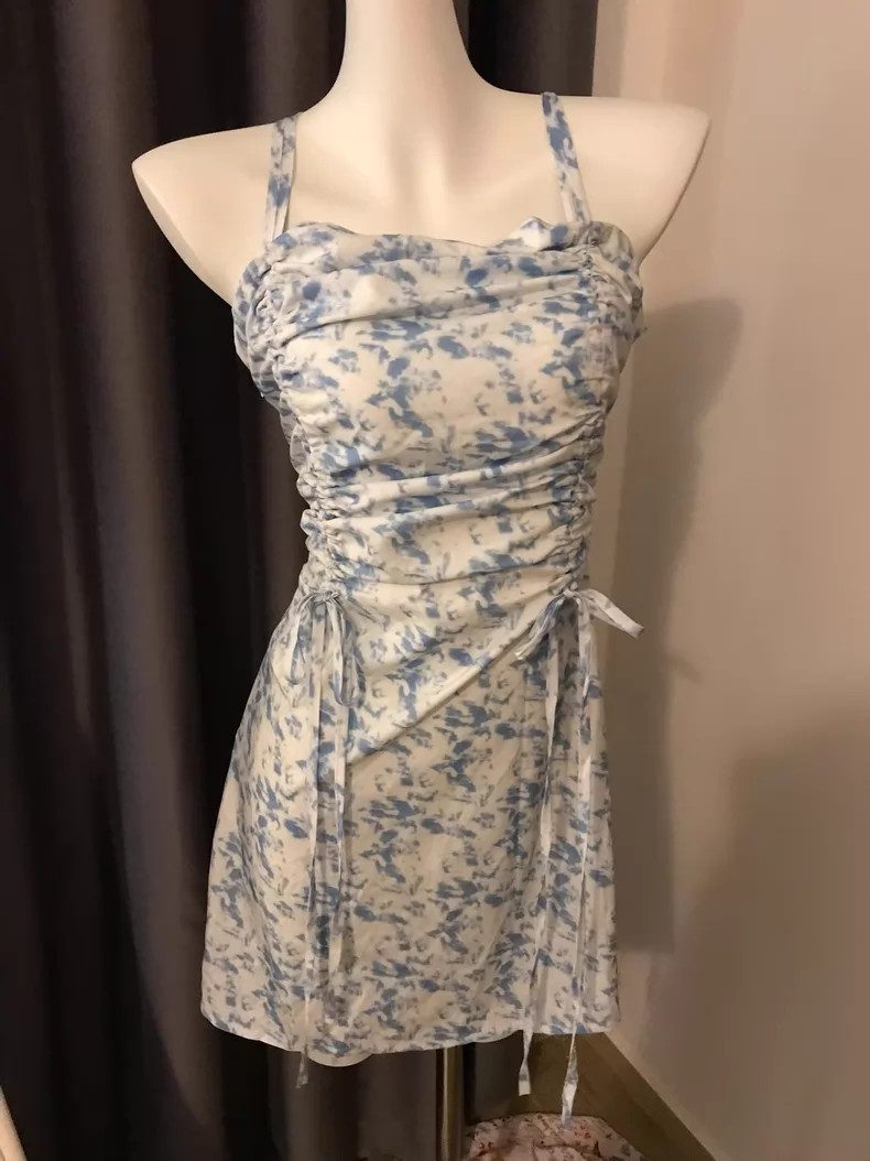 Blue and White Tie-Dye Spaghetti-Strap Dress