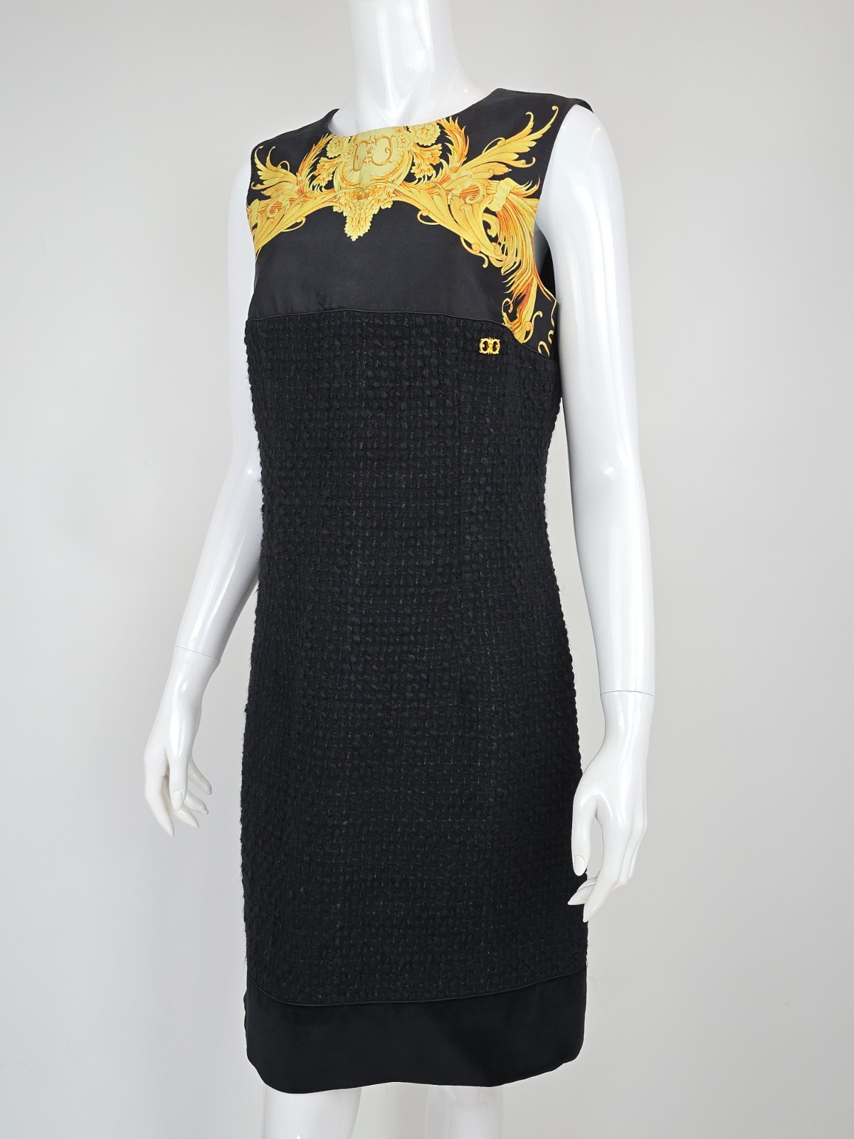 Roberto Cavalli Class Dress US 12 Black Gold Baroque Print Wool Blend Shift