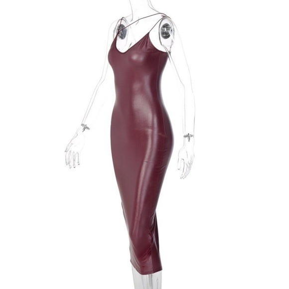 vegan leather brown strapless midi bodycon dress with asymmetrical straps size 4