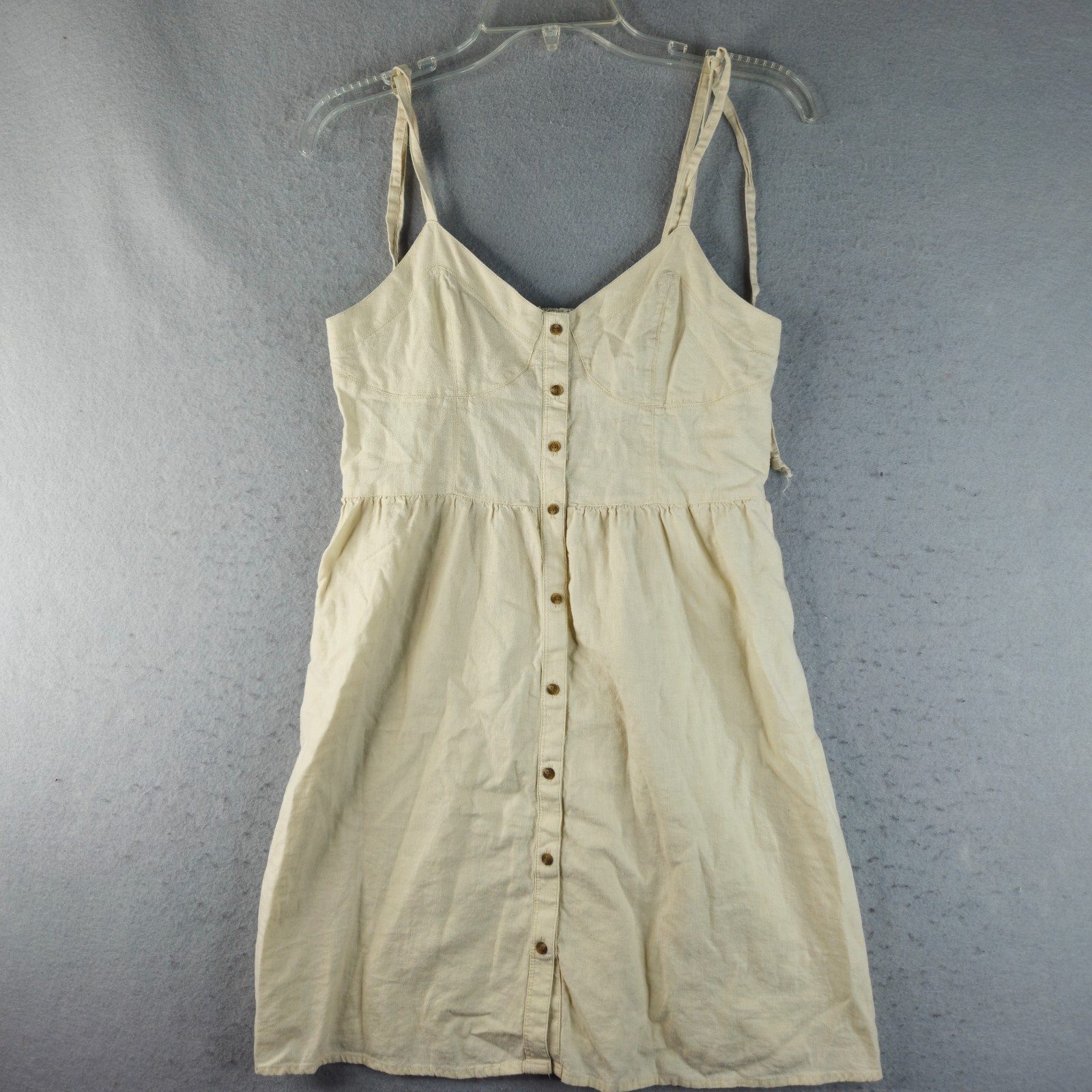 Aerie Linen Blend Sundress Womens Medium Biege Button Smocked Ruched Back