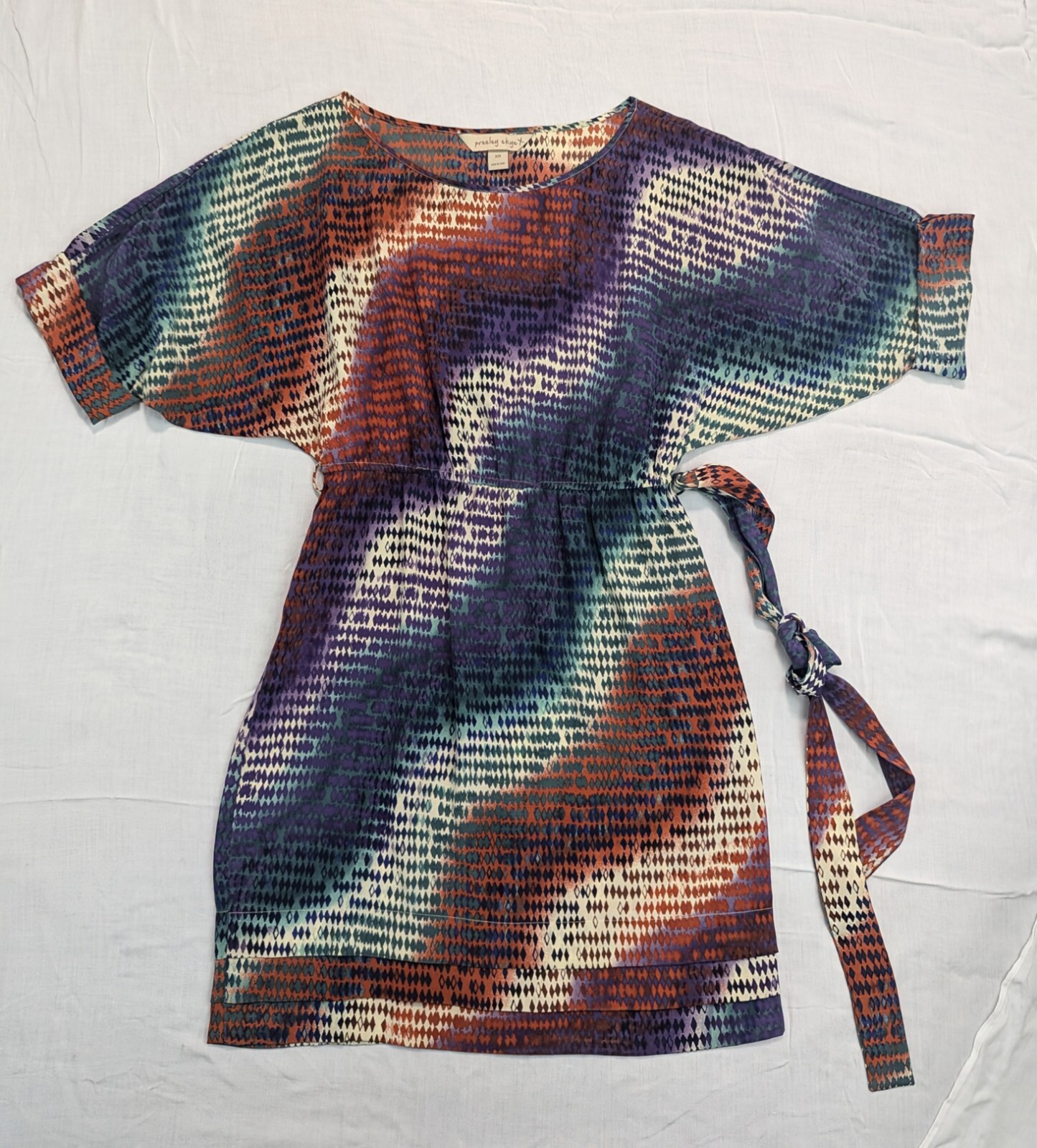 PRESLEY SKYE Silk Dress Women Xtra Small Green Purple Blue Beige Belted Tuck Hem