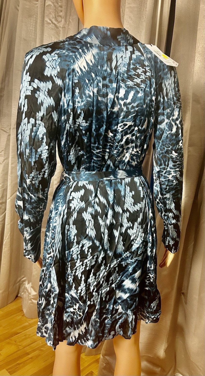 Reiss Blue Black White Abstract Print Pleated Long Sleeve Round Neck Mini 2