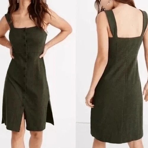 Madewell Texture & Thread Button-Front Tank Dress in Olive Green Size Medium