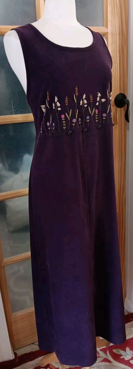 Vintage Embroidered Microfiber Dress Amanda Smith Maroon Sleeveless Maxi Sz L