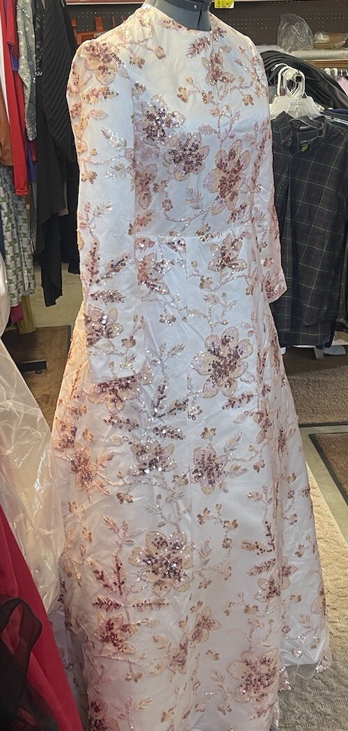 Pink FLORAL Sequence ￼ LONG SLEEVE High Round Neck GOWN Size L, Handmade.