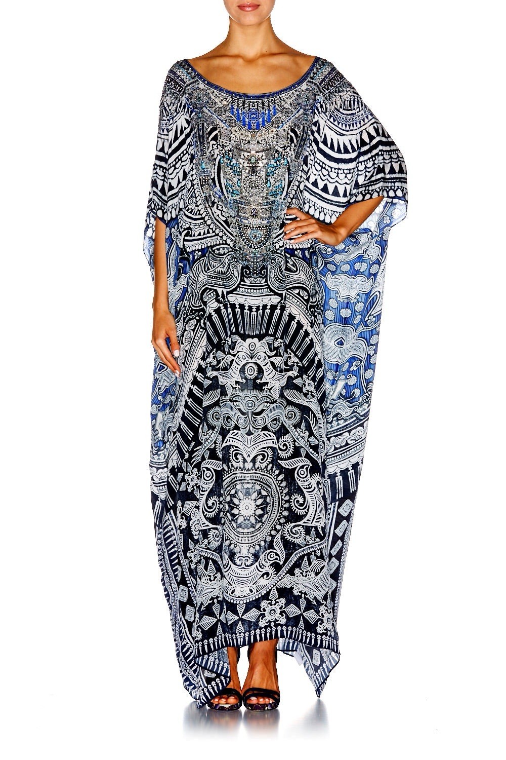 Camilla Small Town Hero Round Neck Kaftan Silk BNWT One Size Long Maxi Blue