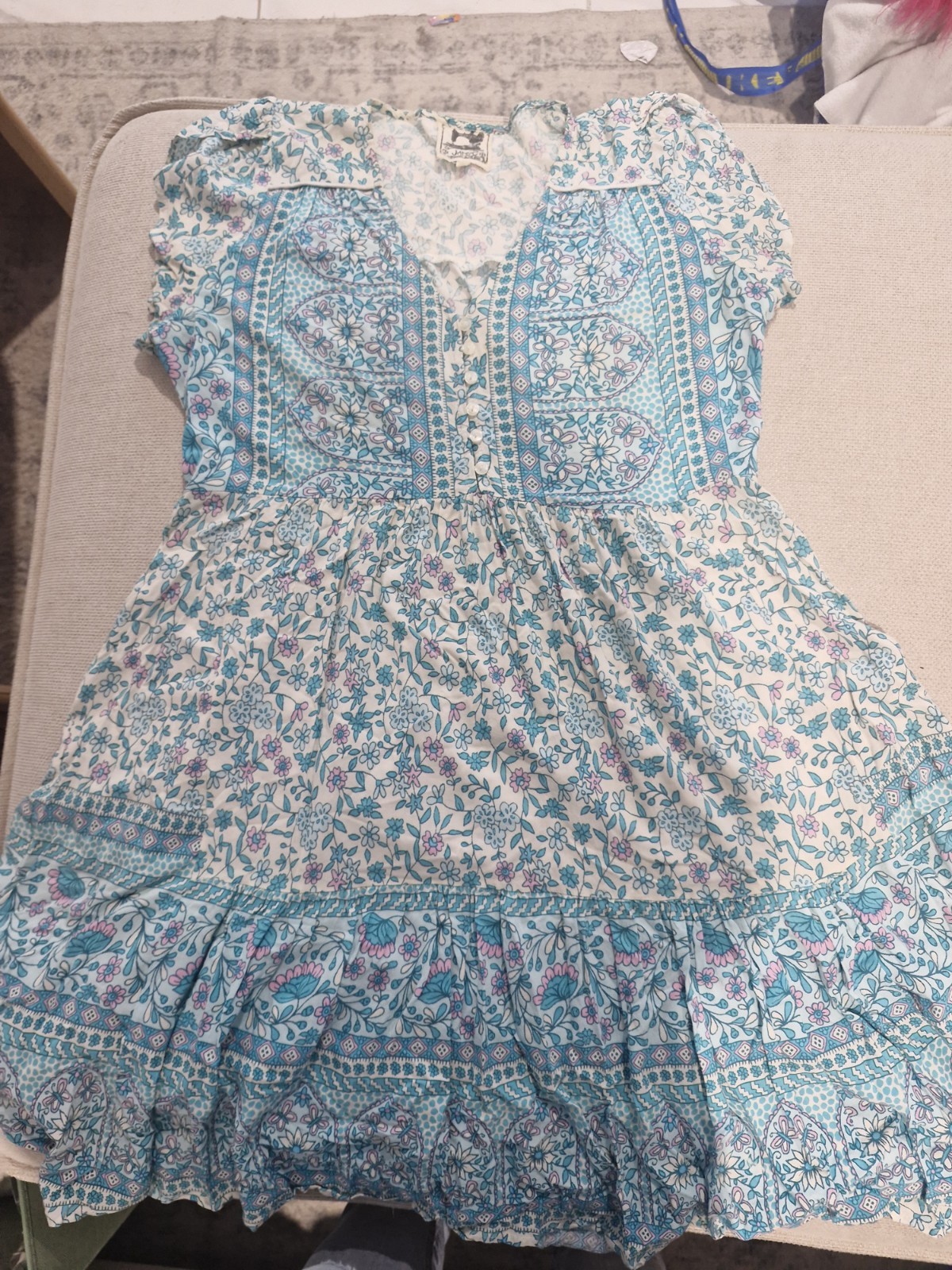 Jaase Floral Boho Midi Dress Blue And White Flutter Sleeve Med Button/tie Up