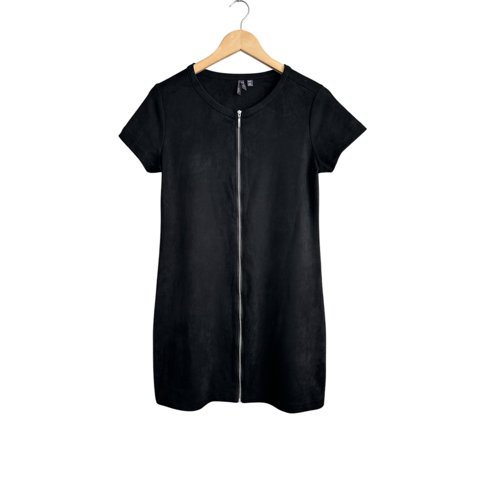 NEW Orb Life Faux Suede Full Front Zipper Short Sleeve Black Mini Dress Small