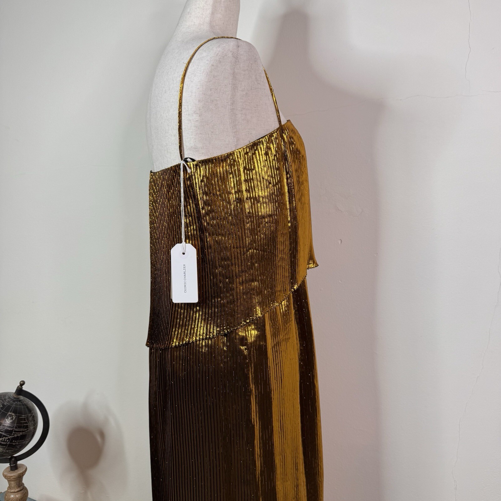Cedric Charlier Gold Metallic Pleated Midi Dress NWT Size 40 US 6 SS 2018