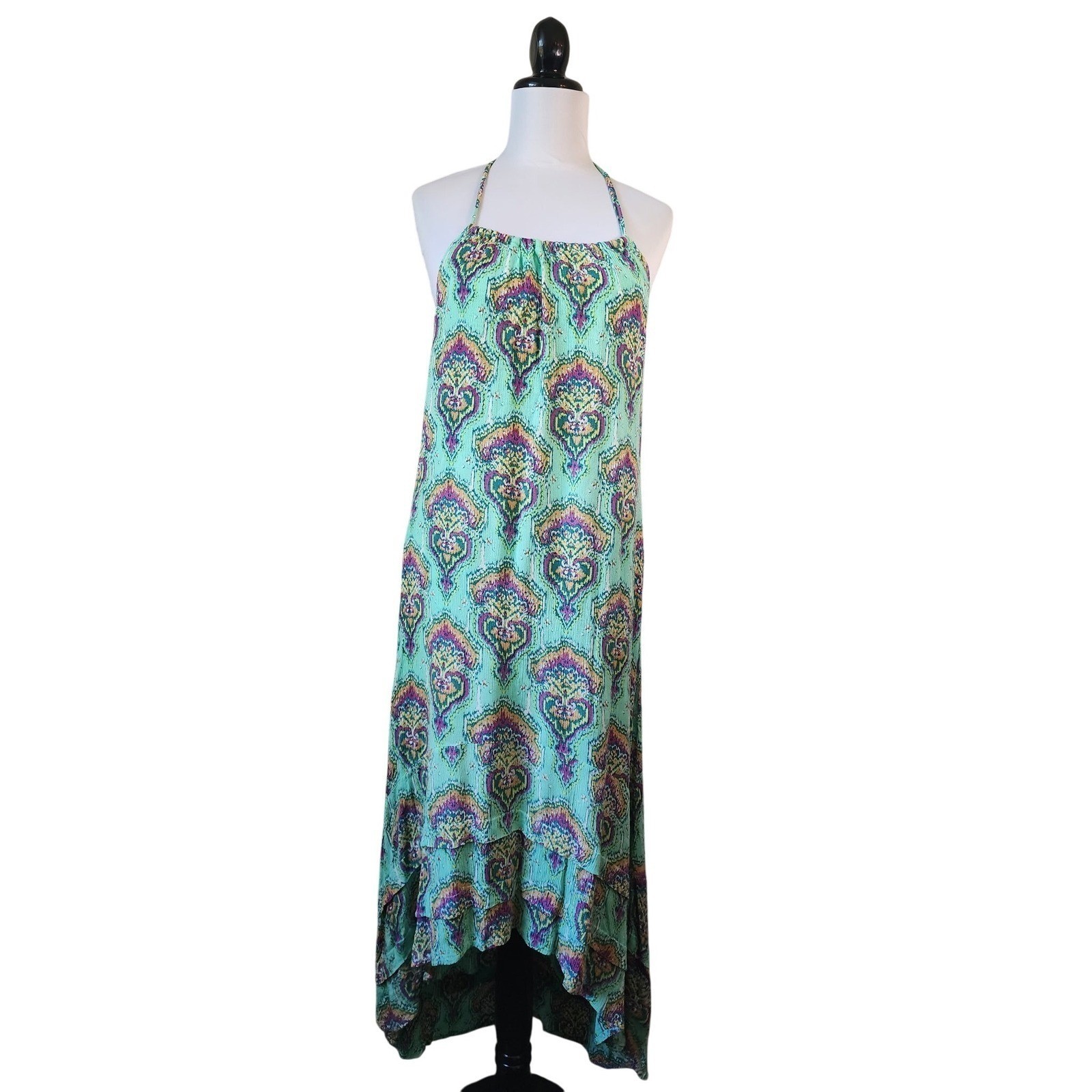 ONeill Halter Maxi Dress Bohemian Print Tassels Aqua Turquoise XS