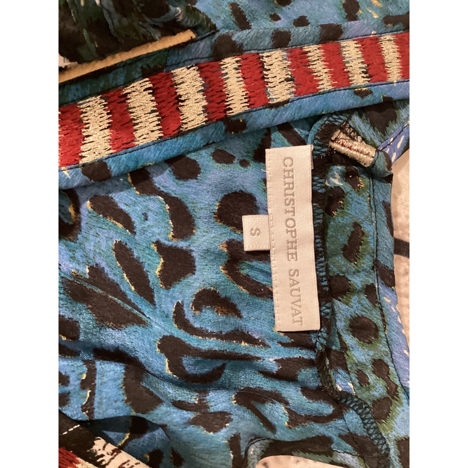 Christophe Sauvat Womens Mixed Animal Print Maxi Dress Teal Blue Embroidered S