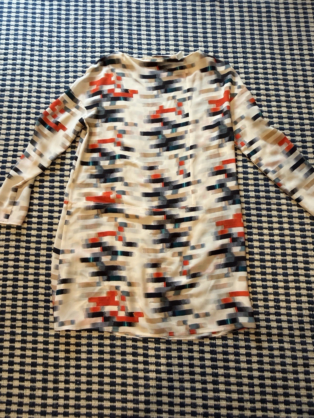 Vintage Cacharel Pixel-Print Long Sleeve Shift Dress in Ivory, Red & Navy Sz 12