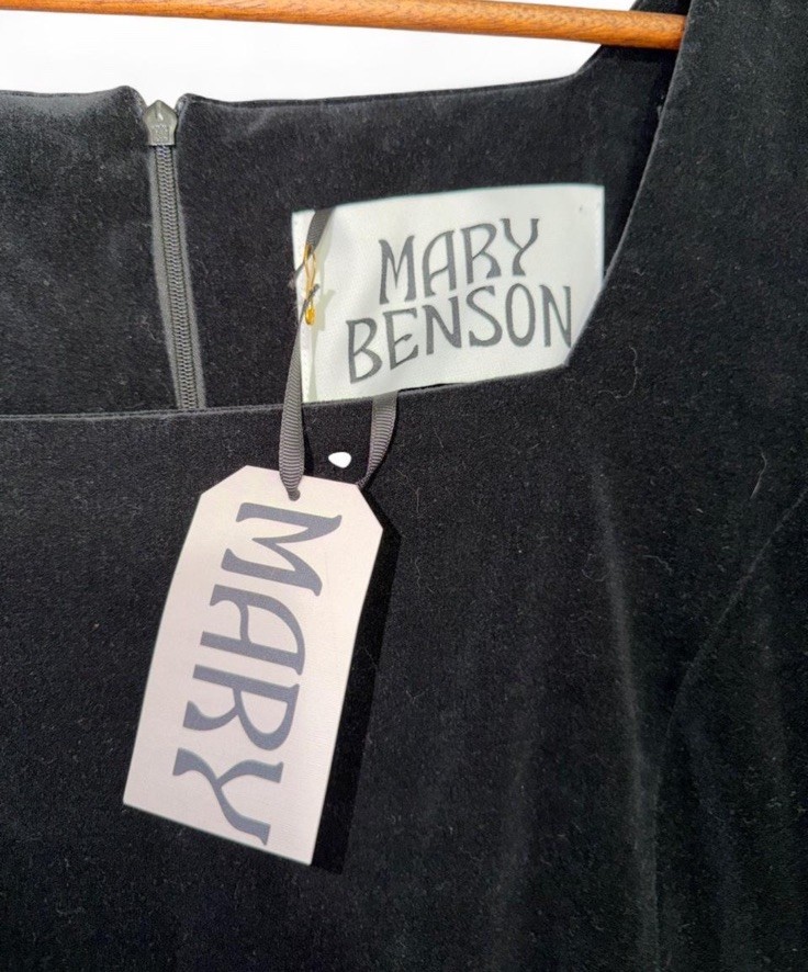 Mary Benson Black Velvet A-Line Maxi Dress Puff Sleeve Square Neck Ruffle