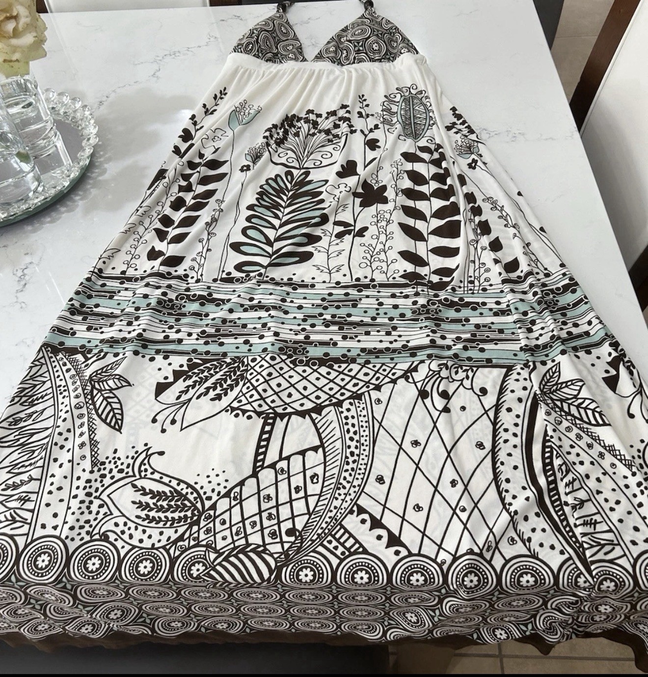 Forever Womens L Floral Maxi Dress White Blue Brown Beaded V Neck Summer Boho