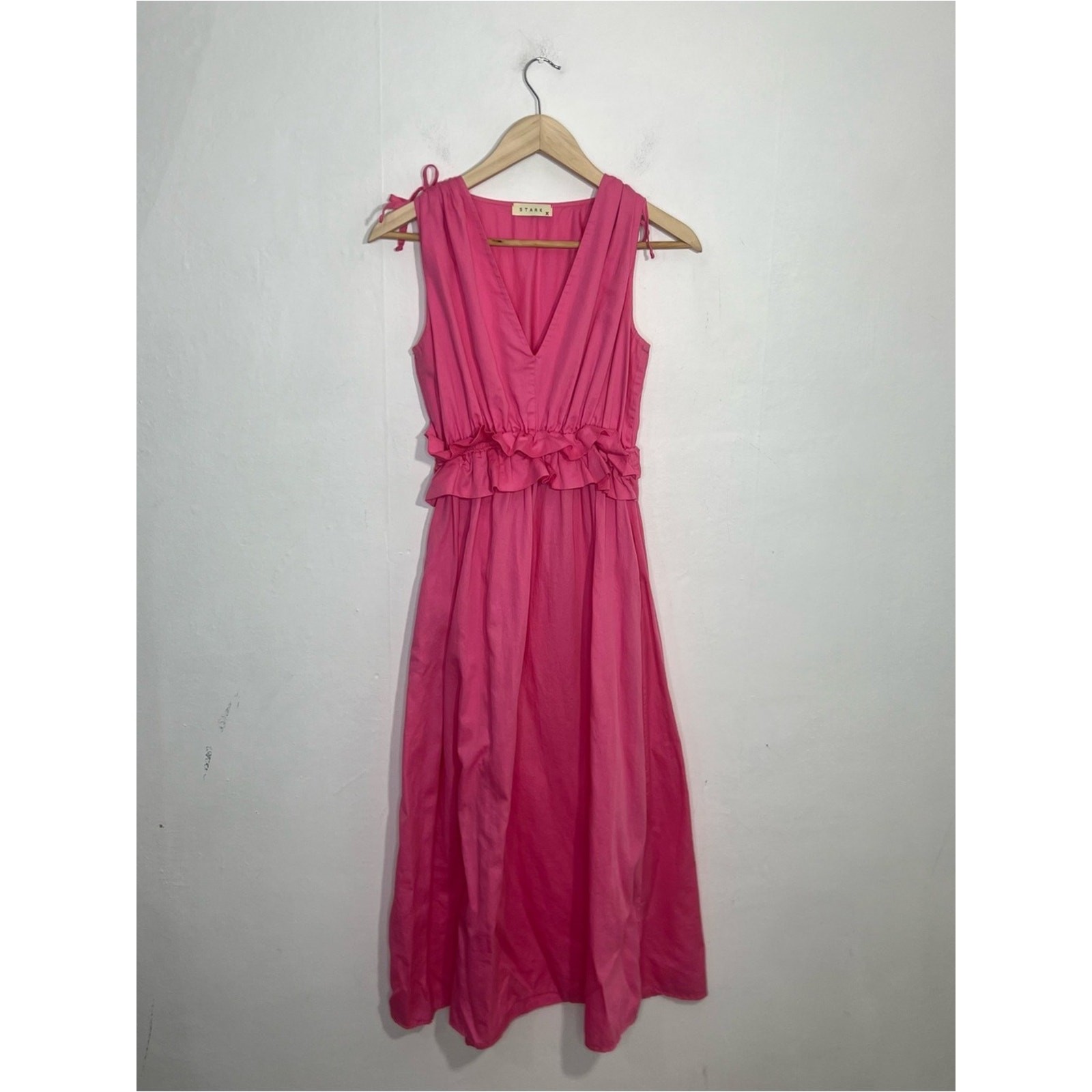 Stark X Pink Ginny Midi Elastic Waist Cotton V Neck Pockets Dress Size Small