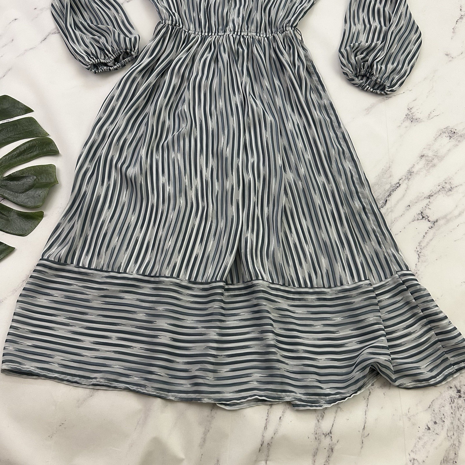 Connections Womens Vintage 80s Blouson Dress Size M Gray Silver Stripe Sheer