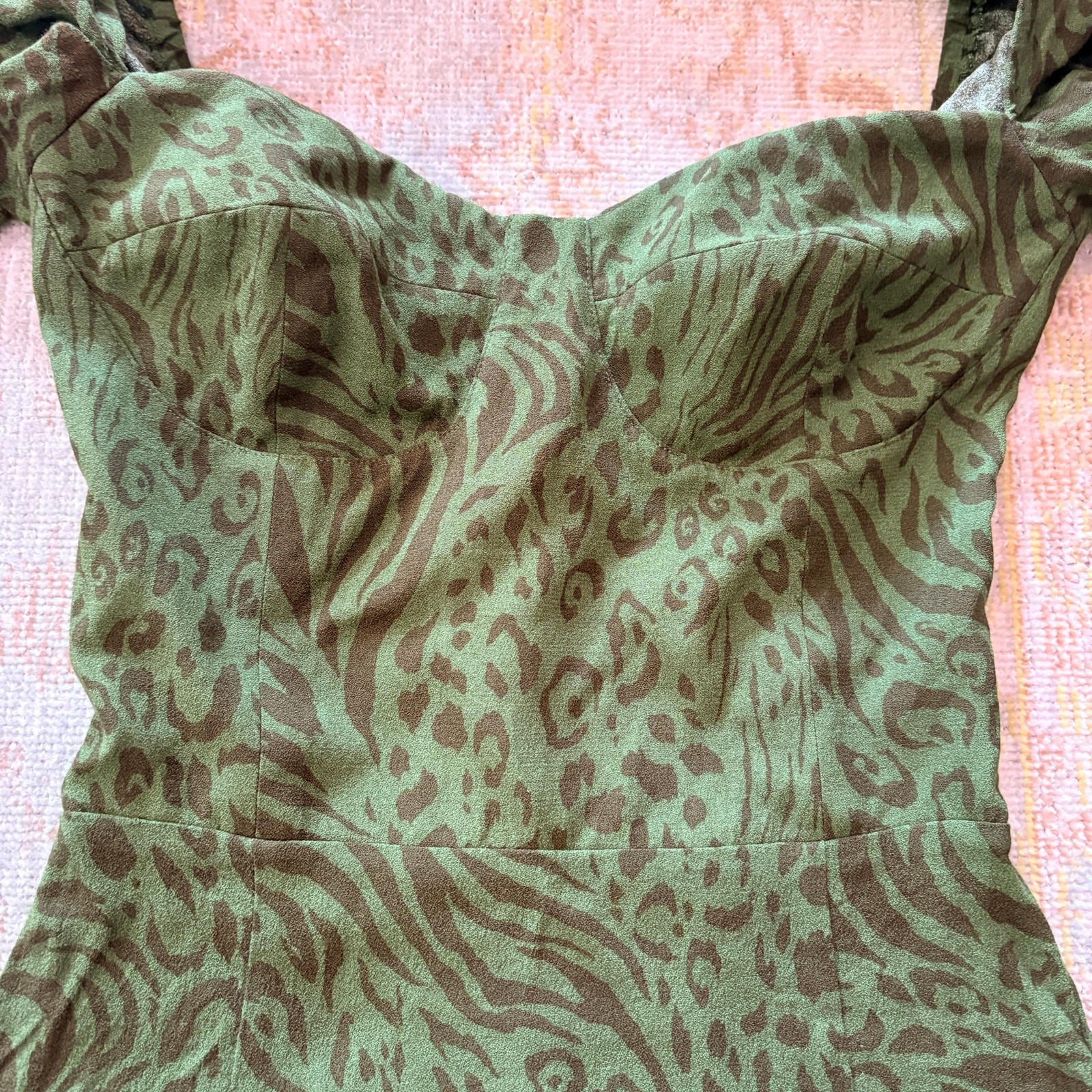 Reformation Mochi Jungle Animal Print Green Dress Size 0 Smocked Peasant Bustier