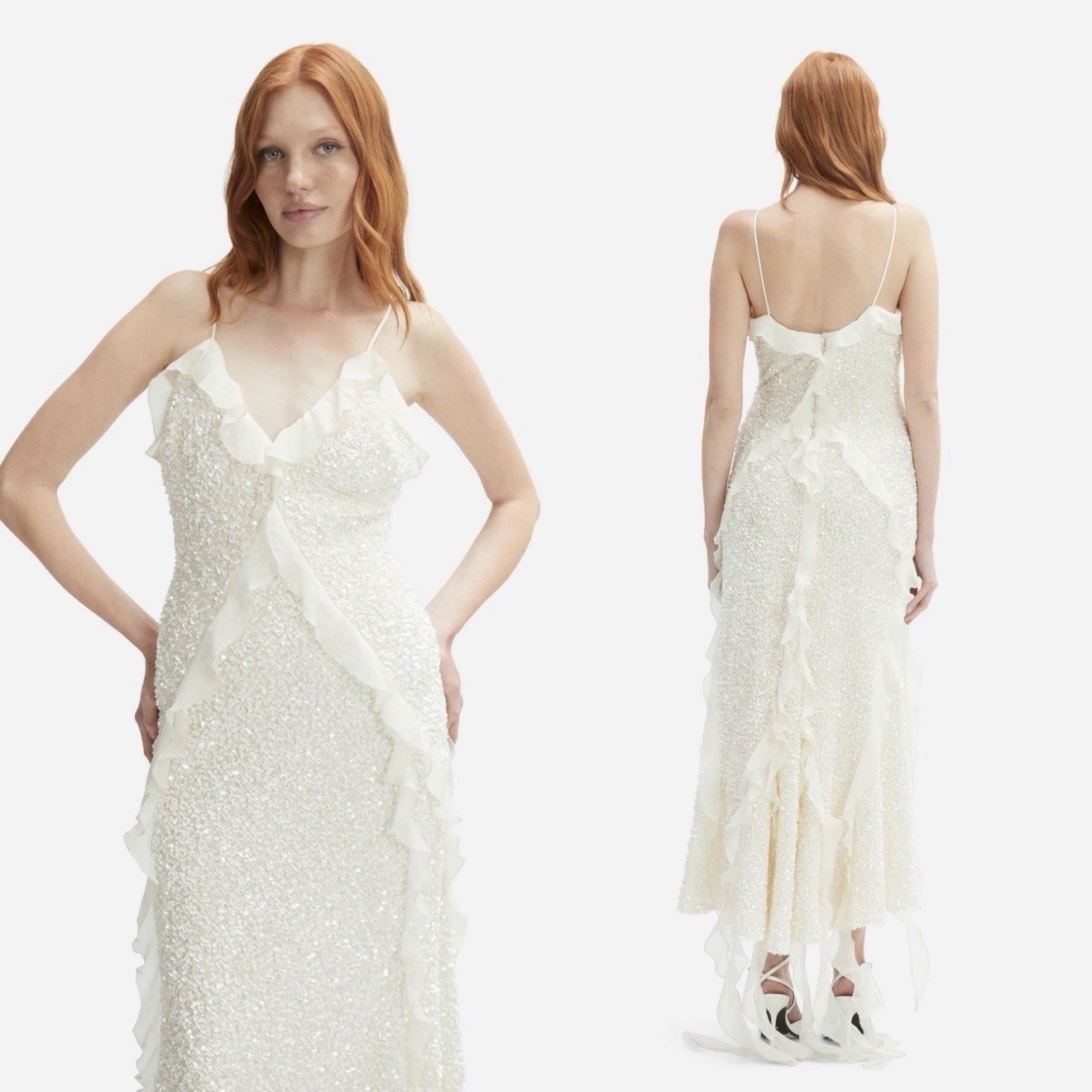 Bardot Marsella Ruffle Sequin Ivory Midi Dress NWT M Bridal Wedding Coquette