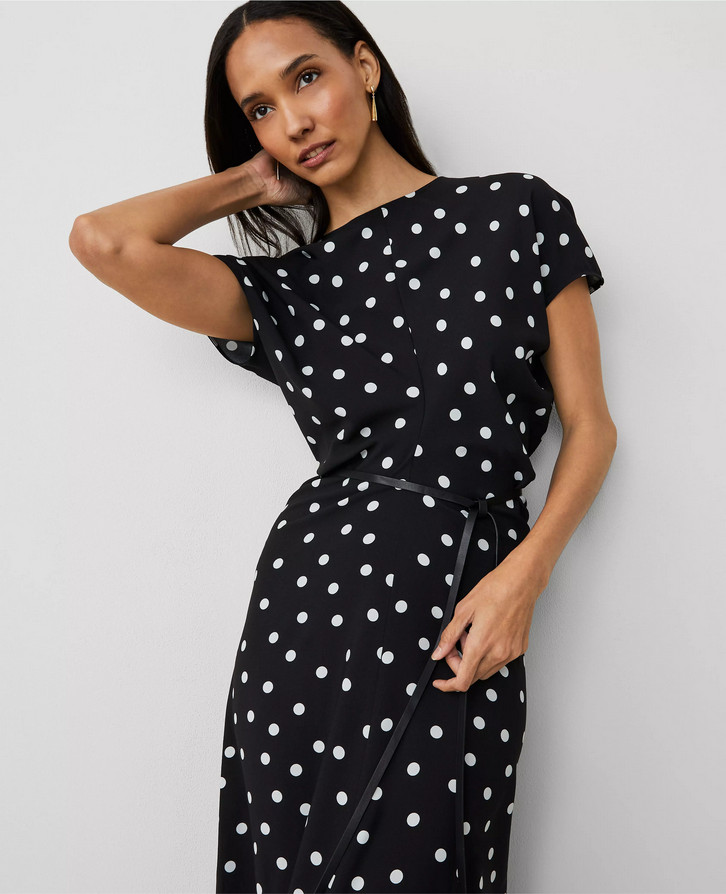 NEW ANN TAYLOR $179 BLACK DOTTED CREPE COLUMN MIDI DRESS SZ 6P