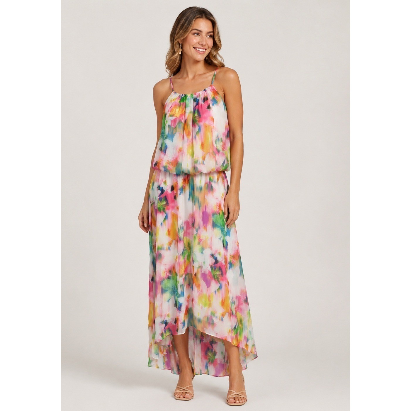 London Times Garden Party Maxi Dress Womens 4 White Rainbow Halter Lined