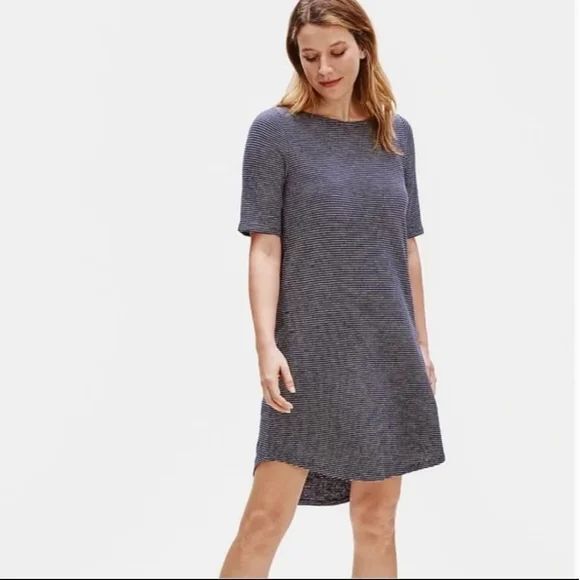 Eileen Fisher Hemp/Organic Cotton T-Shirt Navy/White Striped Dress Size XS