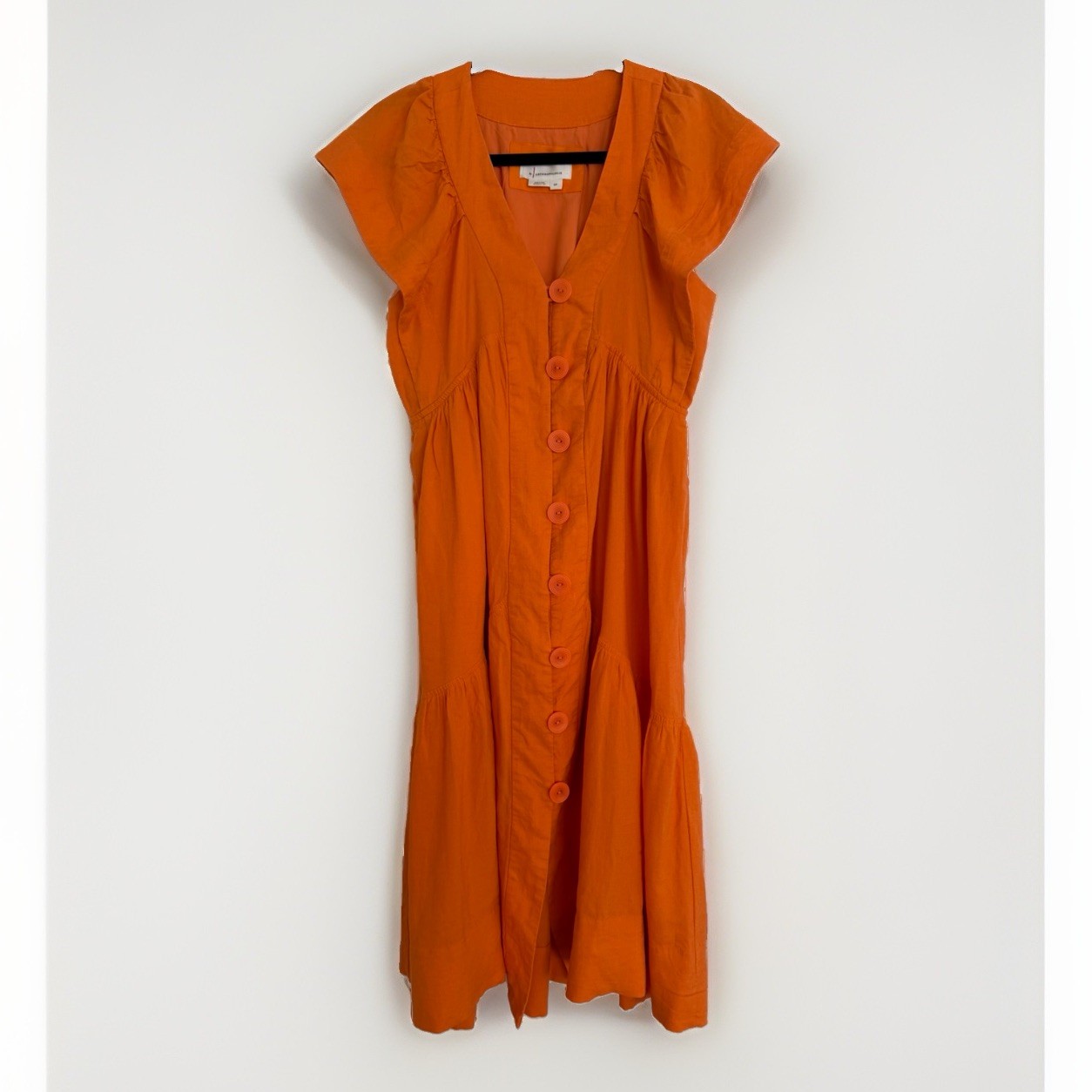 Anthropologie Orange Button Front Puff Sleeve Tiered Dress Size SP Small Petite