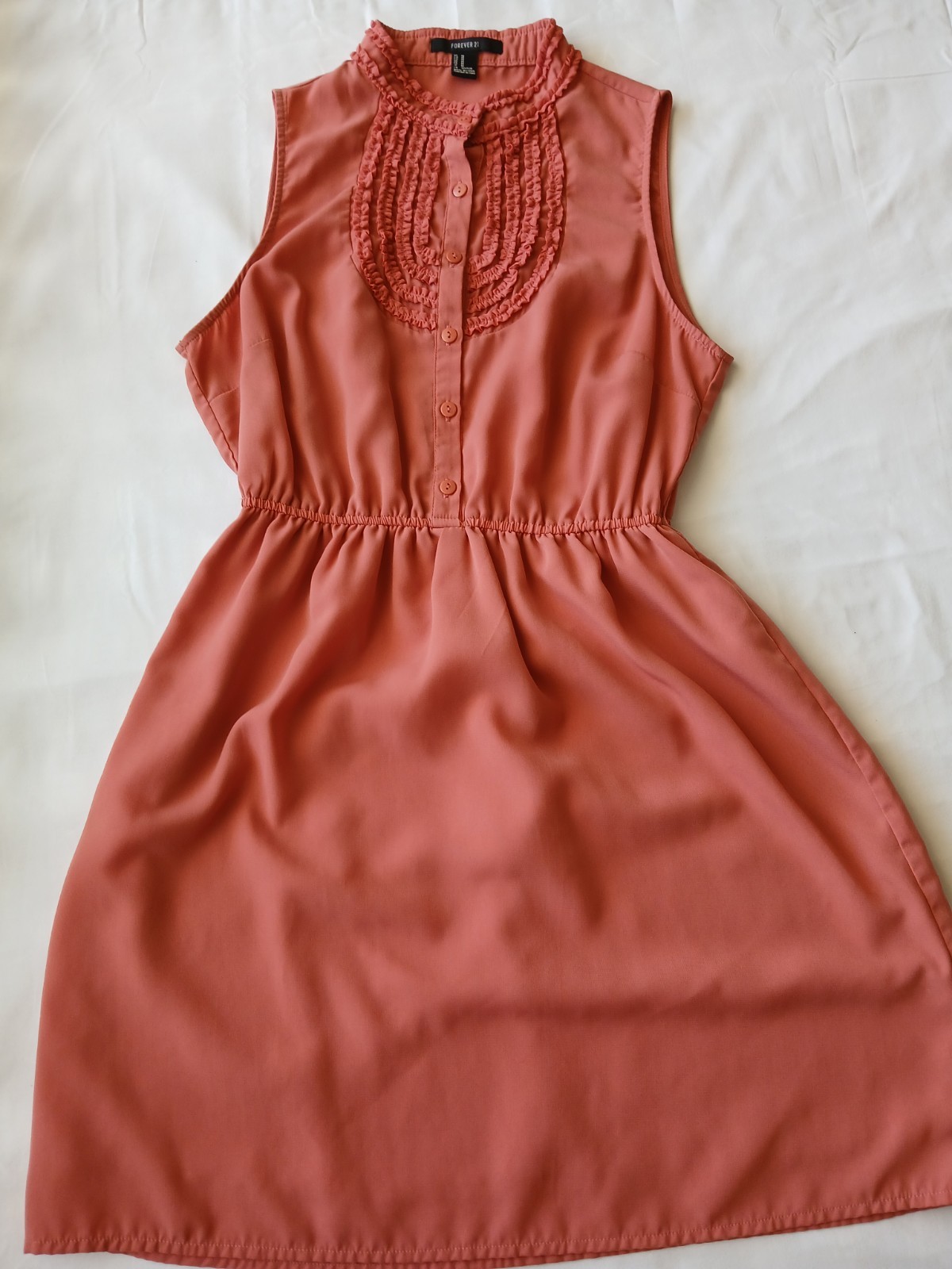 FOREVER 21 Pink Solid Chiffon Sleeveless High Neck Ruffle A-Line Dress M