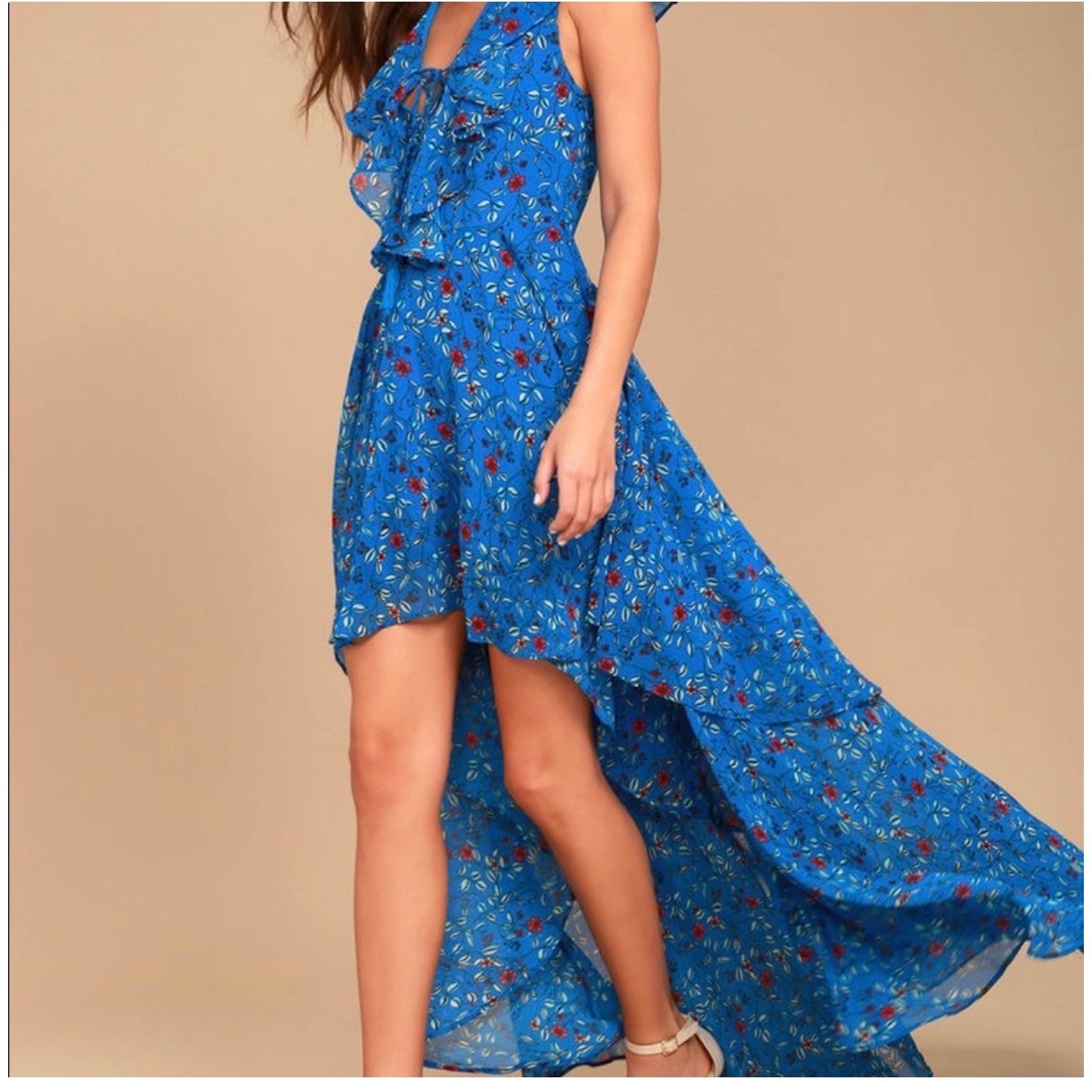 Lulus Floral High-Low Maxi Dress Blue Ruffle Tiered NWT