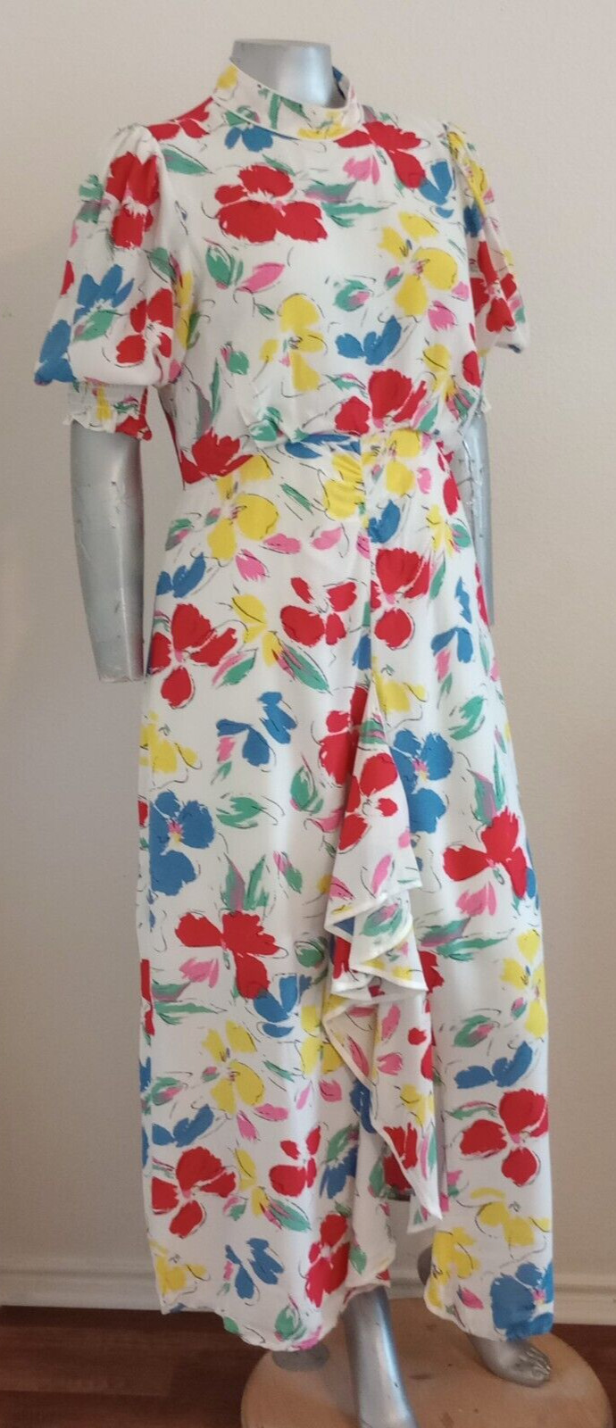 NWT WOMAN RIXO MAXI CASCADE RUFFLE DRESS Size 14 Mock Neck Puff Short Sleeve