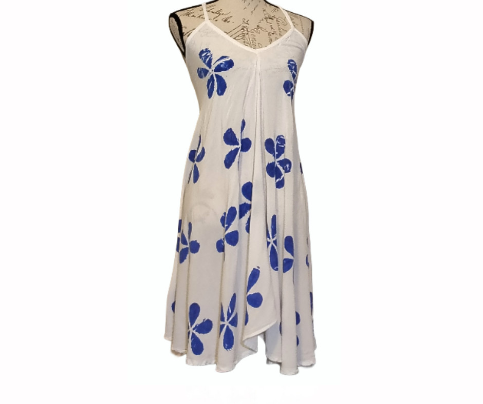 India Botique White Blue Tropical Floral A-line Sundress OS Rayon Resort Wear