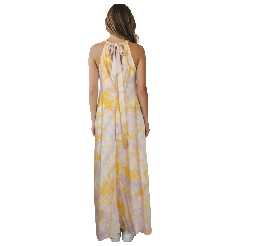 NWT VILA Maxi Dress M Yellow White Floral Halter Open Tie Back Lined Summer
