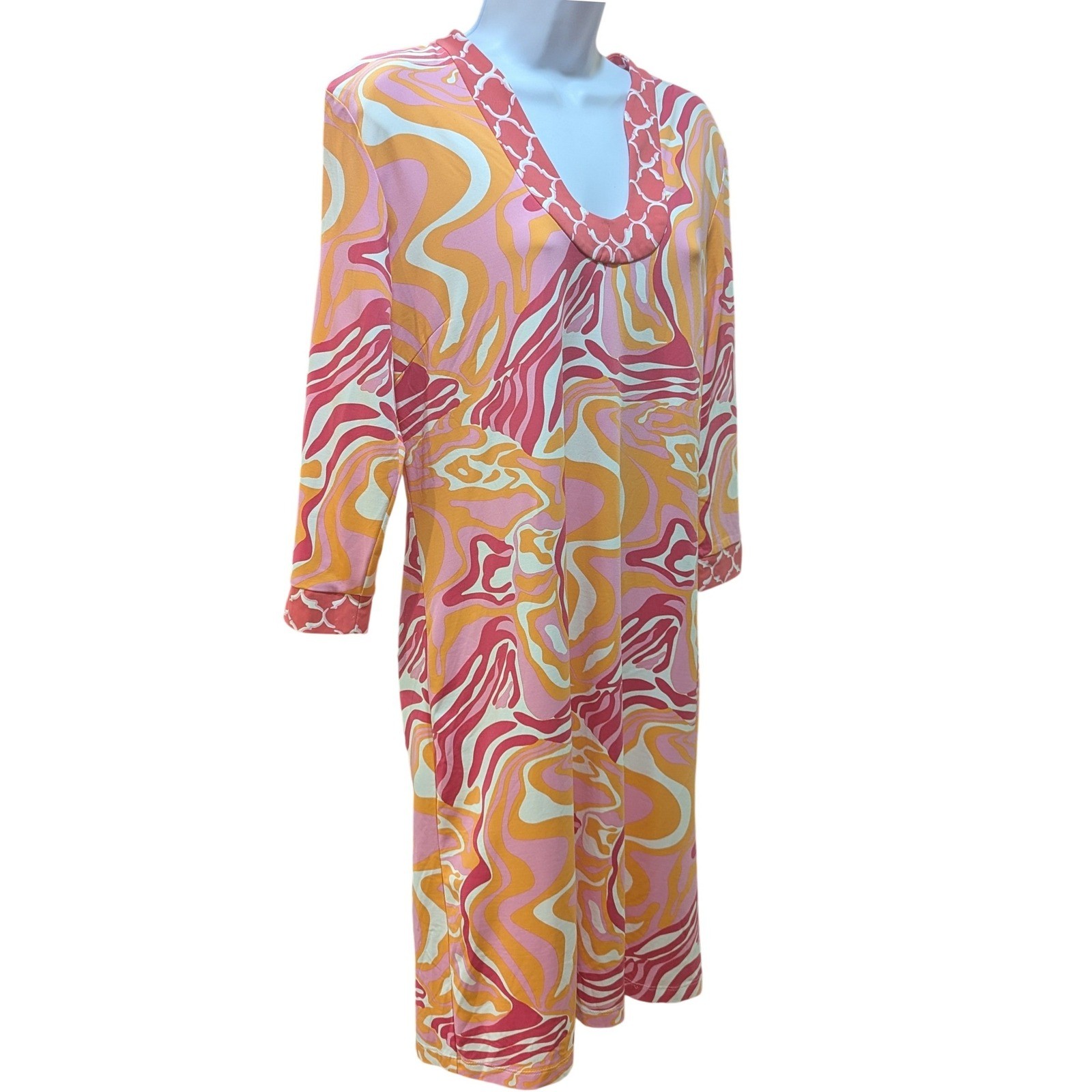 J.McLaughlin Scoop-Neck Tunic Dress Pink Orange Psychedelic Marble Print Large