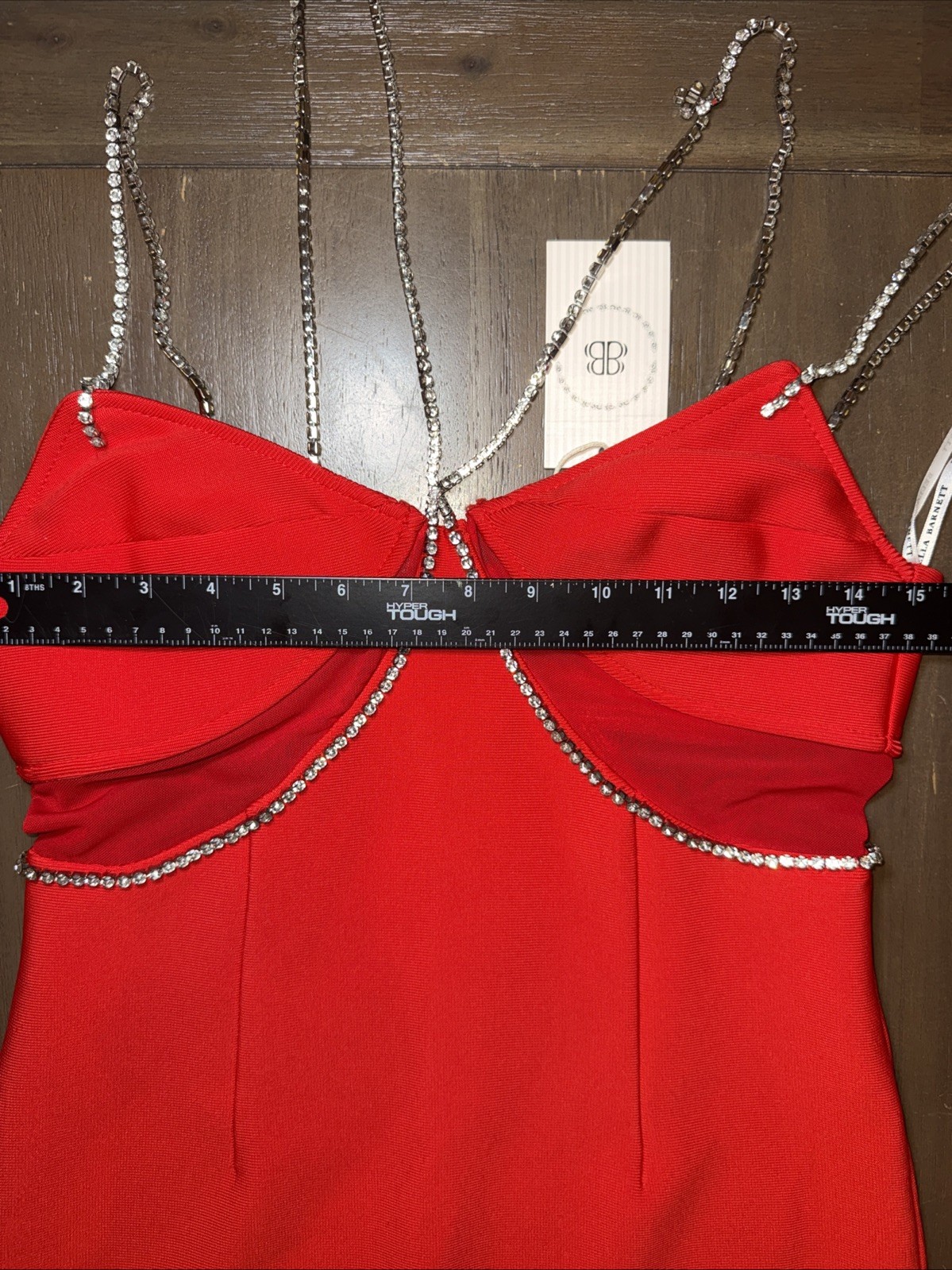 Bella Barnett Red Rhinestone Chain Strap Maxi Dress Sweetheart Neck Polyester L