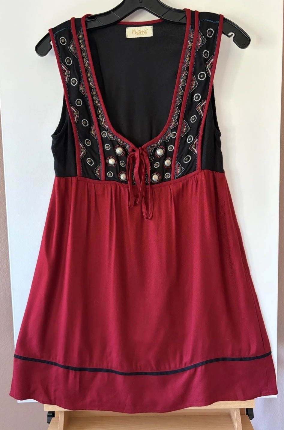 Maitte Portugal Womens Black Burgundy Beaded Bodice Festival Mini Dress Small