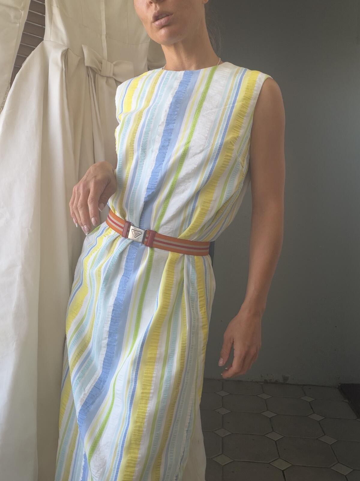 Sleeveless Striped Midi Dress Multicolor Cotton Blend