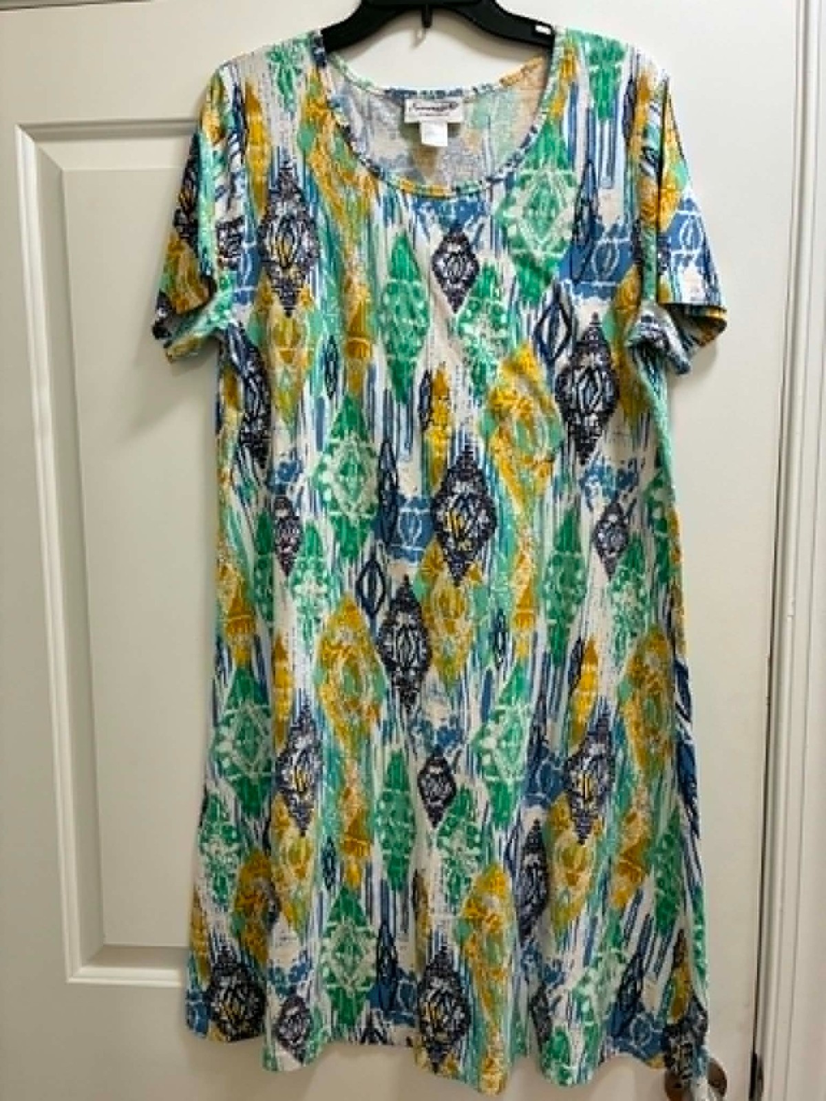 Serengeti Womens XL Ikat Print T-Shirt Dress Blue Green Yellow Cotton Casual