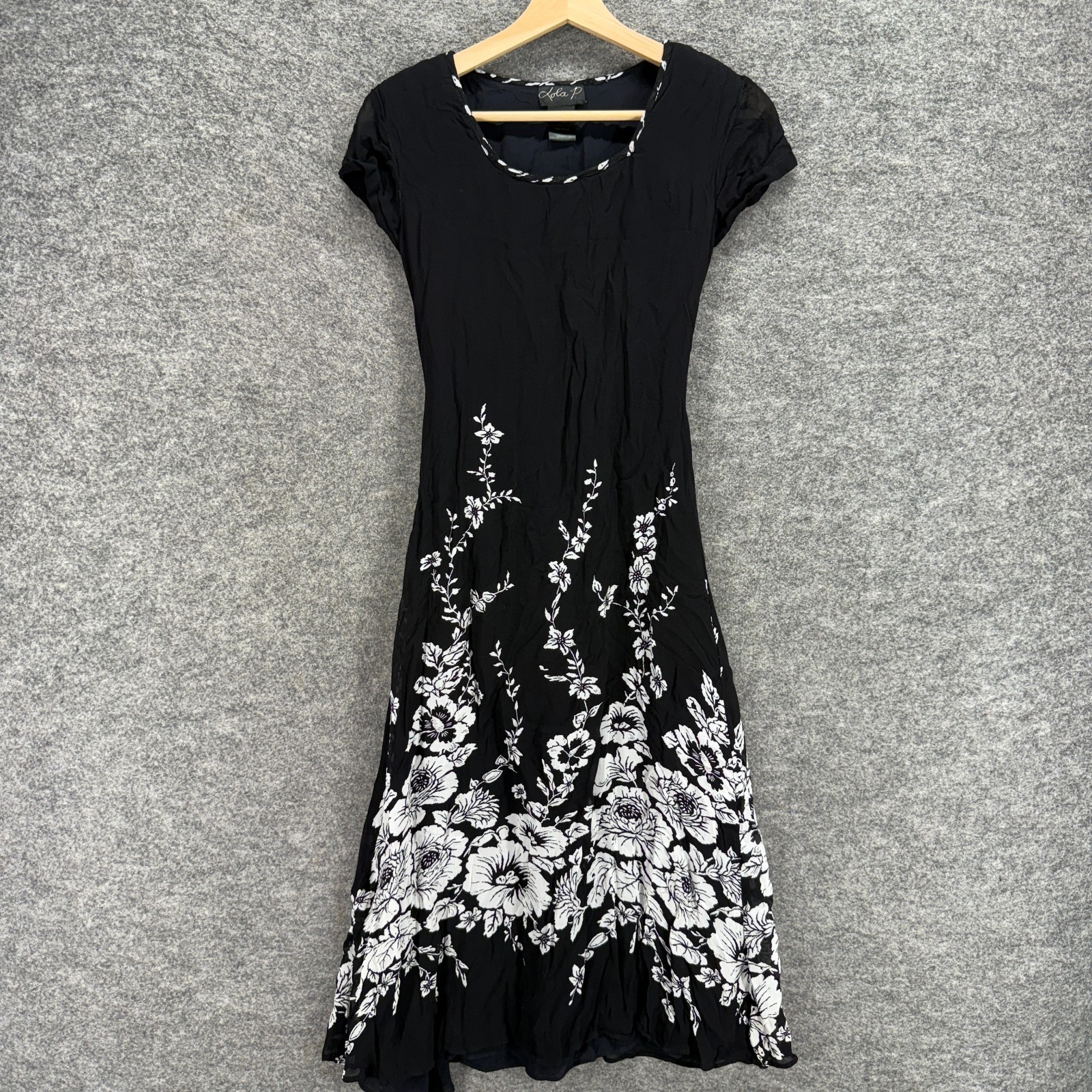 Lola P. Dress Women S Black Floral Sheath Midi Short Sleeve Round Neck