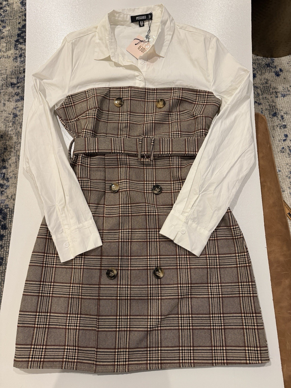 Misguided NEW w/tags Plaid Contrast Blazer Dress White Shirt Bodice Belted Sz 6