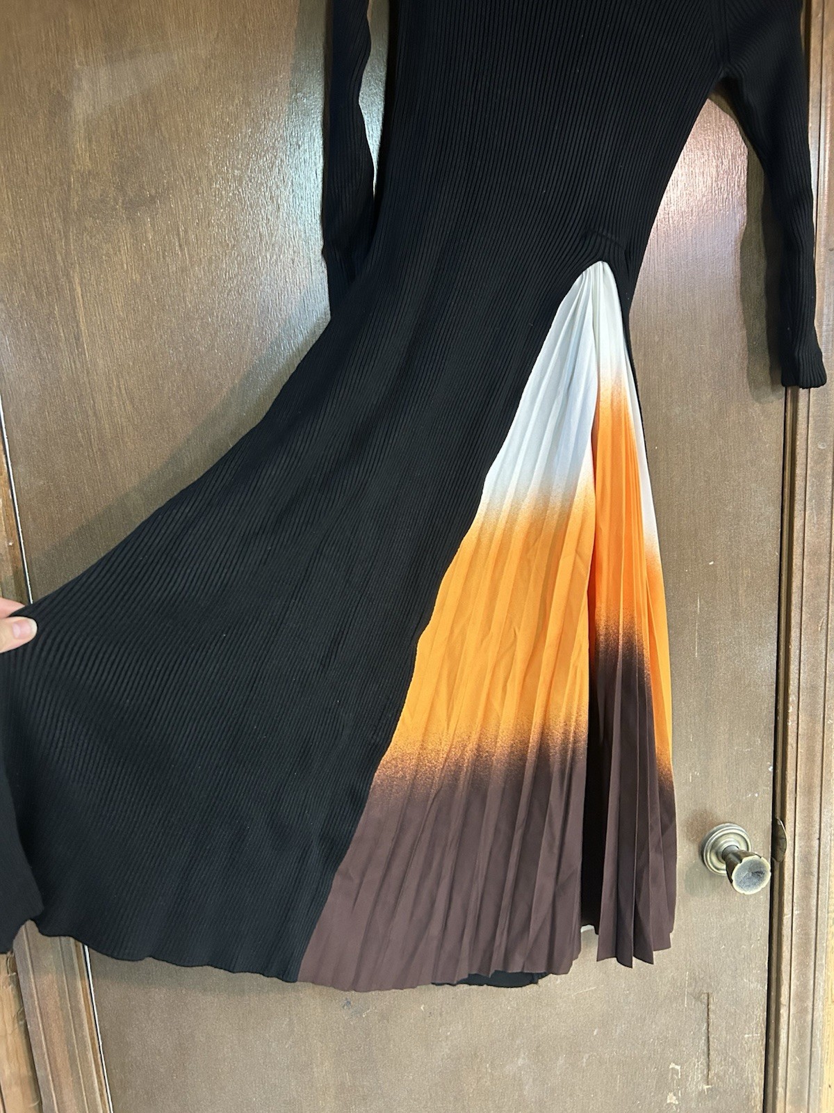 Ribbed Knit Midi Dress Long Sleeve Crew Neck Colorblock