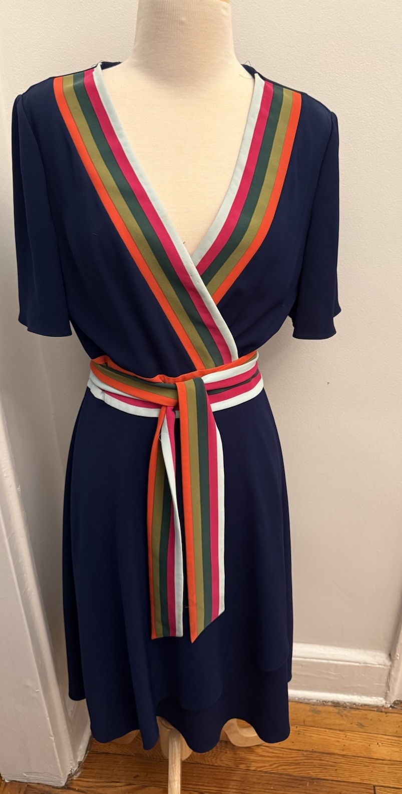 TORY BURCH Peggy Wrap Stripe Dress Navy Blue Sz 8 Preowned