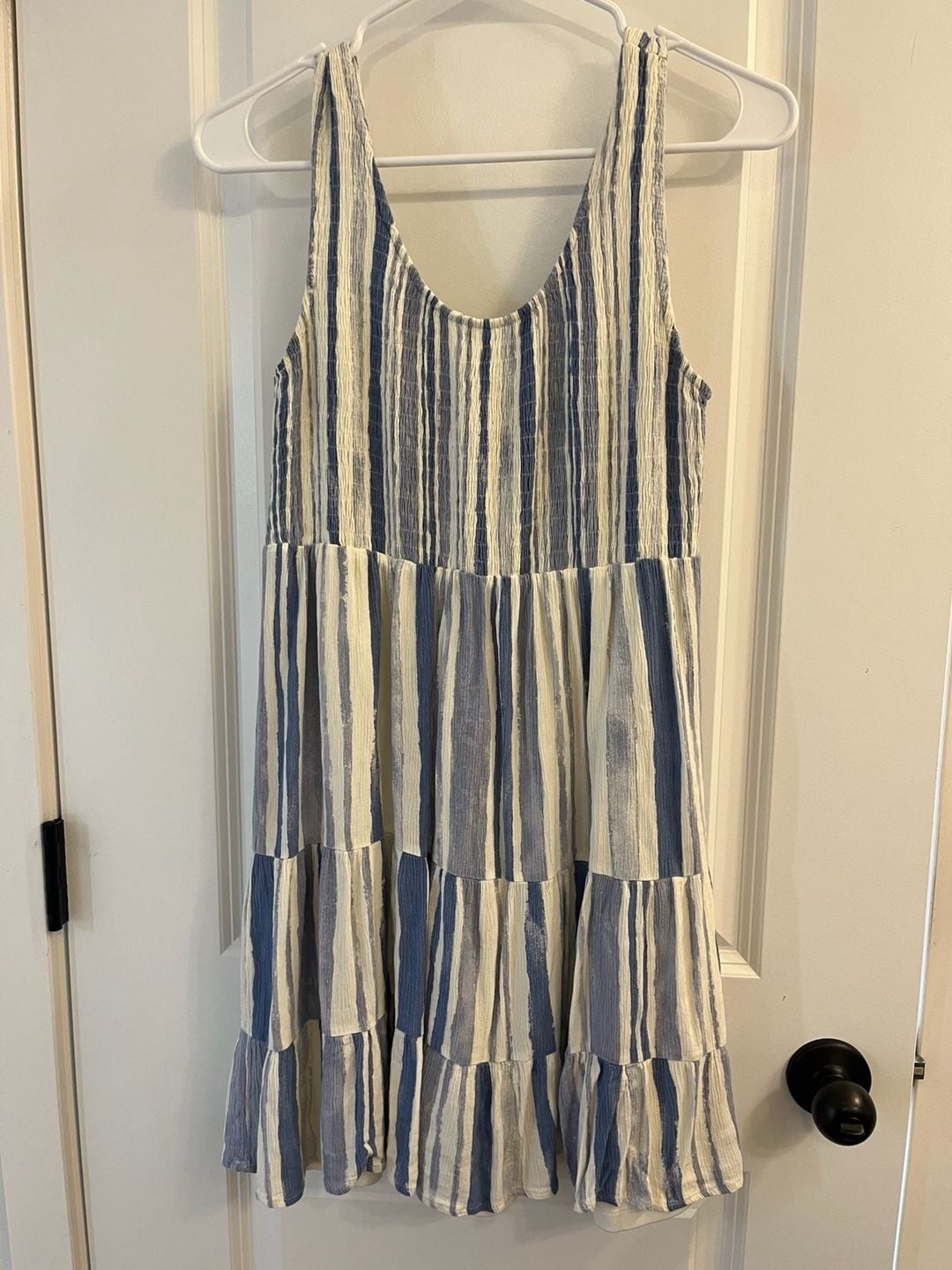 Doe & Rae Blue and White Striped Sleeveless Tiered Dress