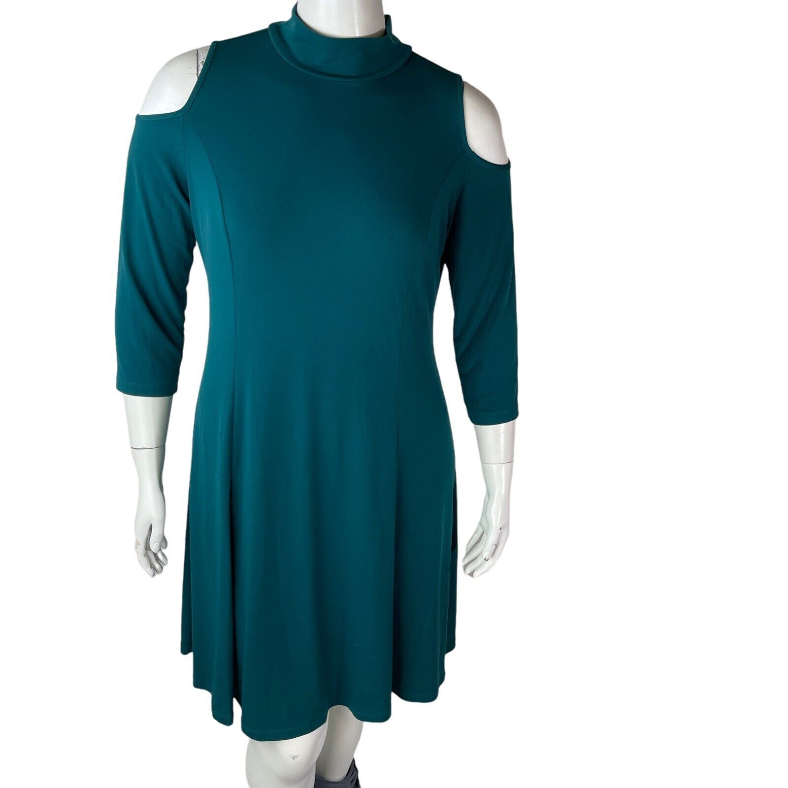 Susan Graver Womans Sz Large Dress Green Swing 3/4 Sleeve Stretch Liquid Knit
